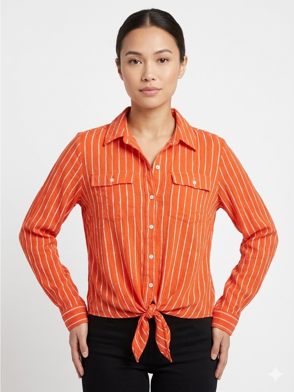 Lauren, Ralph Lauren Cotton Striped Tie-Front Button-Up Blouse - Petite Small - Picture 1 of 7